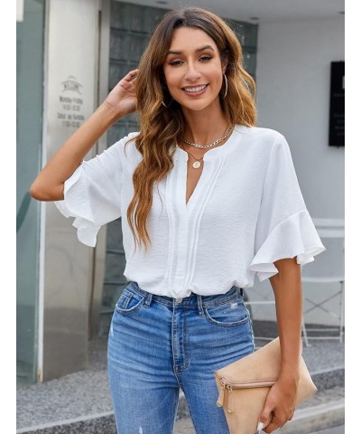 Womens White Blouses Chiffon Ruffle Short Sleeve V Neck Business Casual Tops Summer Cute Shirt White $9.24 Blouses