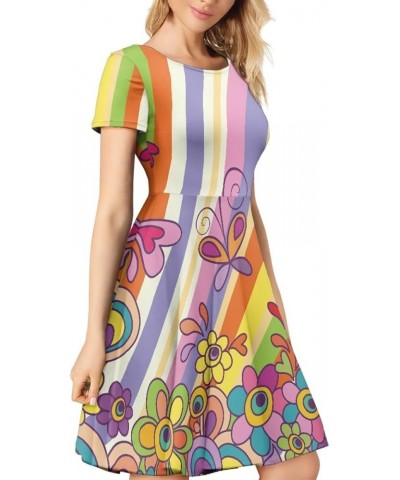 Women's Summer Van Gogh Art 3D Print Crewneck Short Sleeve T-Shirt Swing Dress Hippie Flower Rainbow Stripes $12.82 Dresses