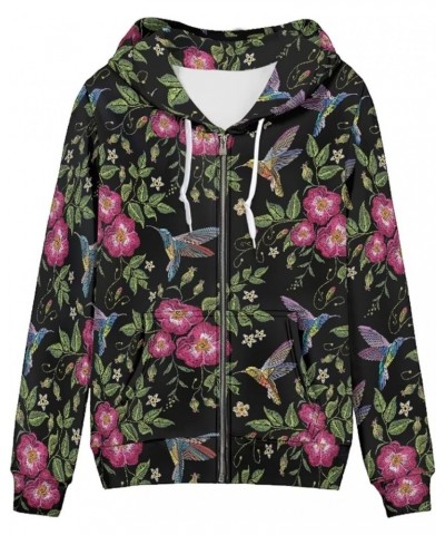 Yuuxorilu Womens Zip Up Hoodies Long Sleeve Fall Oversized Sweatshirts Y2K Jacket with Pockets Floral Hummingbird $19.88 Hood...