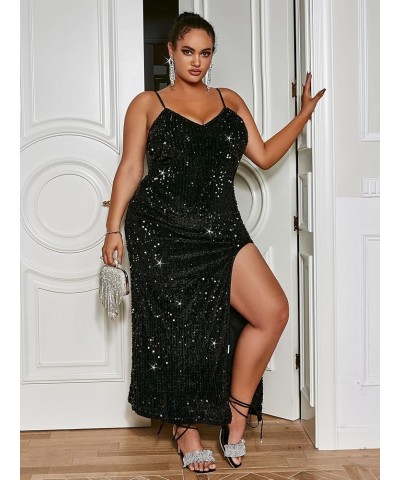 Women's Sexy V Neck Bodycon Sequin Gown Evening Dress with Slit P-plus Size Black $25.80 Dresses