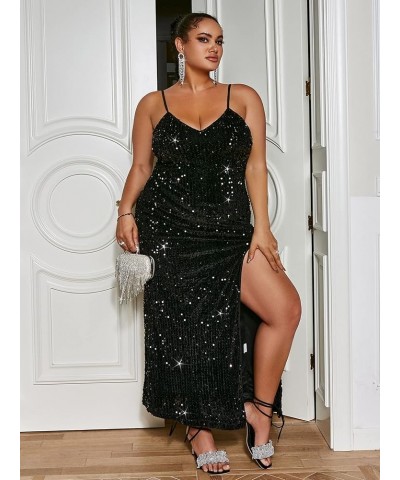 Women's Sexy V Neck Bodycon Sequin Gown Evening Dress with Slit P-plus Size Black $25.80 Dresses