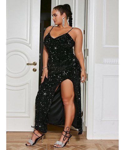 Women's Sexy V Neck Bodycon Sequin Gown Evening Dress with Slit P-plus Size Black $25.80 Dresses