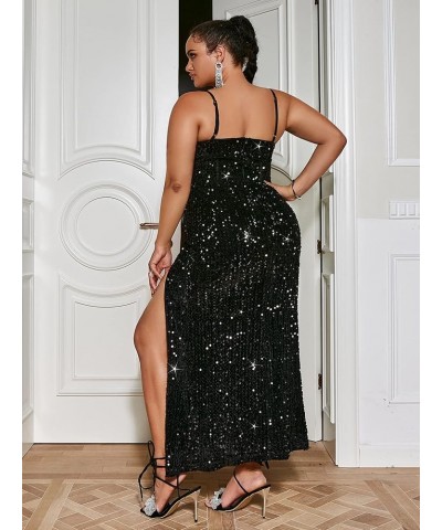 Women's Sexy V Neck Bodycon Sequin Gown Evening Dress with Slit P-plus Size Black $25.80 Dresses