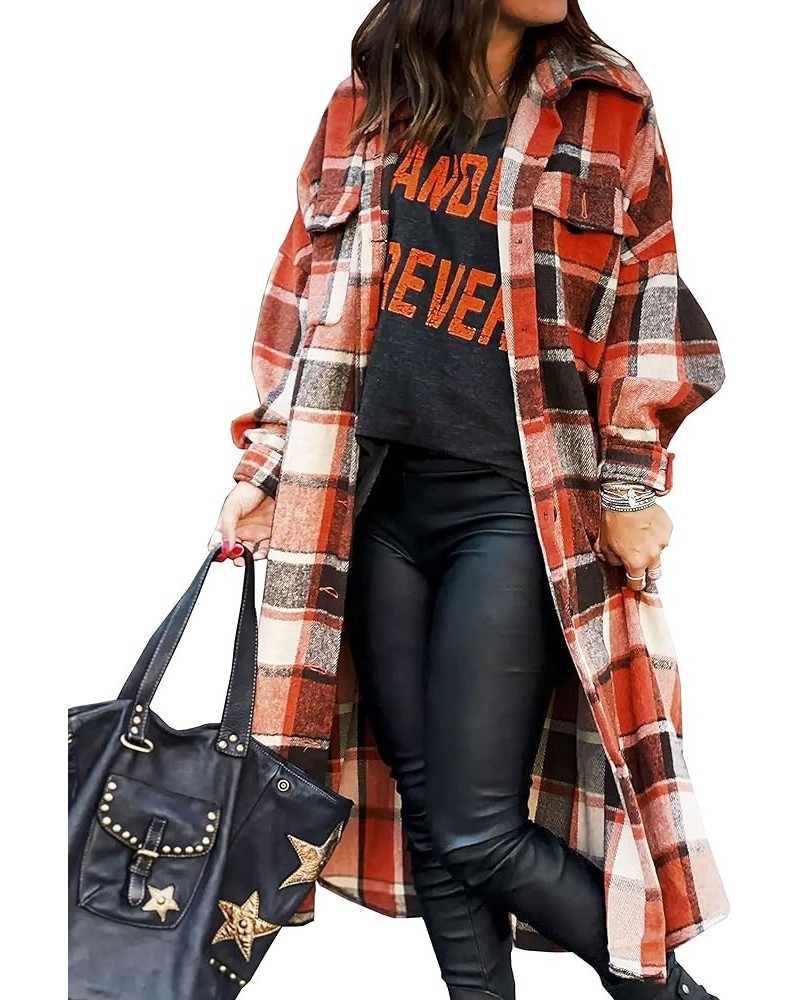 Women's Casual Plaid Oversized Button Down Shirt Lapel Flannel Shacket Jacket Coats 02 Orange $22.49 Blouses