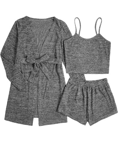 Women's 3 Piece Cami Top & Shorts Lounge Sleepwear Pajama Set with Robe Dark Grey $25.51 Sleep & Lounge