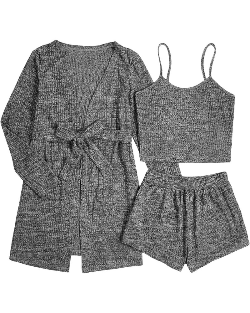 Women's 3 Piece Cami Top & Shorts Lounge Sleepwear Pajama Set with Robe Dark Grey $25.51 Sleep & Lounge