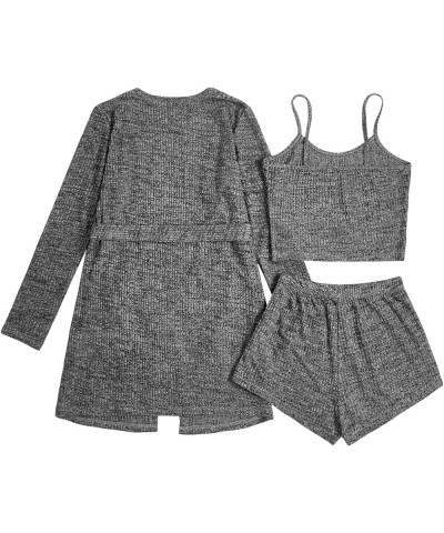 Women's 3 Piece Cami Top & Shorts Lounge Sleepwear Pajama Set with Robe Dark Grey $25.51 Sleep & Lounge