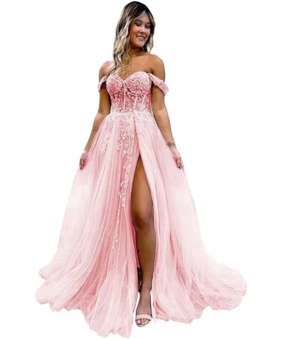 Off The Shoulder Tulle Prom Dress for Women Laces Appliques Sequin A Line Formal Dresses with Slit Blush Pink $35.28 Dresses