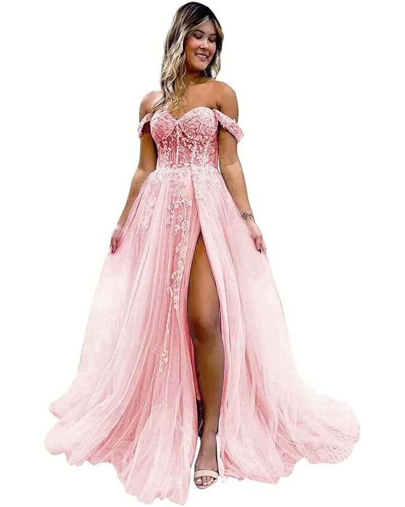 Off The Shoulder Tulle Prom Dress for Women Laces Appliques Sequin A Line Formal Dresses with Slit Blush Pink $35.28 Dresses