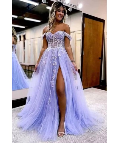 Off The Shoulder Tulle Prom Dress for Women Laces Appliques Sequin A Line Formal Dresses with Slit Blush Pink $35.28 Dresses