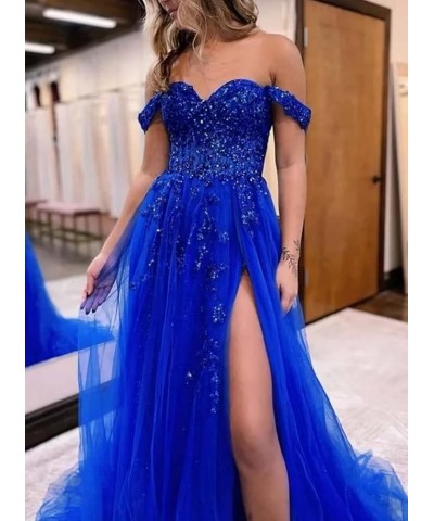 Off The Shoulder Tulle Prom Dress for Women Laces Appliques Sequin A Line Formal Dresses with Slit Blush Pink $35.28 Dresses