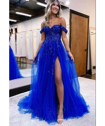 Off The Shoulder Tulle Prom Dress for Women Laces Appliques Sequin A Line Formal Dresses with Slit Blush Pink $35.28 Dresses