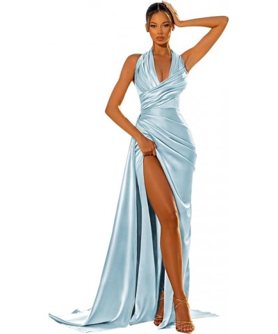 Mermaid Prom Dresses Long for Women Sweep Train Formal Party Gowns Satin Halter Evening Dress with Slit Light Blue $34.00 Dre...