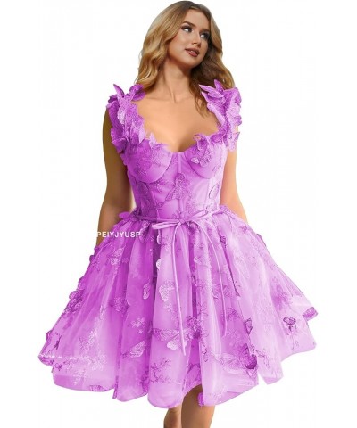 Womens Tulle Short Prom Dress 3D Butterflies Homecoming Dresses Lace Appliques Spaghetti Strap Cocktail Party Gowns Lilac $36...