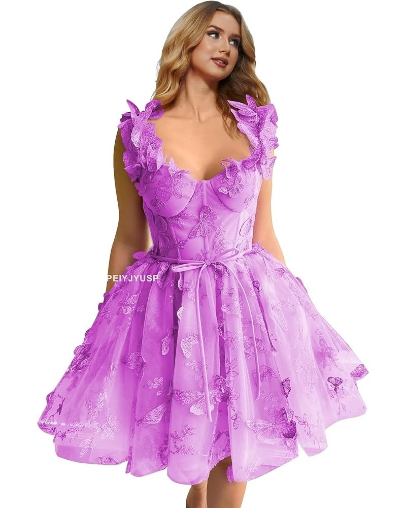 Womens Tulle Short Prom Dress 3D Butterflies Homecoming Dresses Lace Appliques Spaghetti Strap Cocktail Party Gowns Lilac $36...