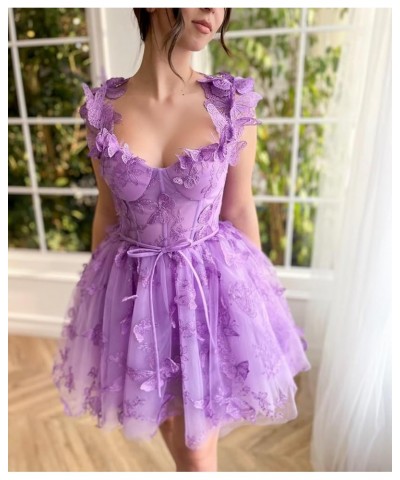 Womens Tulle Short Prom Dress 3D Butterflies Homecoming Dresses Lace Appliques Spaghetti Strap Cocktail Party Gowns Lilac $36...