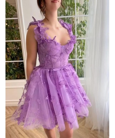 Womens Tulle Short Prom Dress 3D Butterflies Homecoming Dresses Lace Appliques Spaghetti Strap Cocktail Party Gowns Lilac $36...