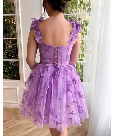 Womens Tulle Short Prom Dress 3D Butterflies Homecoming Dresses Lace Appliques Spaghetti Strap Cocktail Party Gowns Lilac $36...