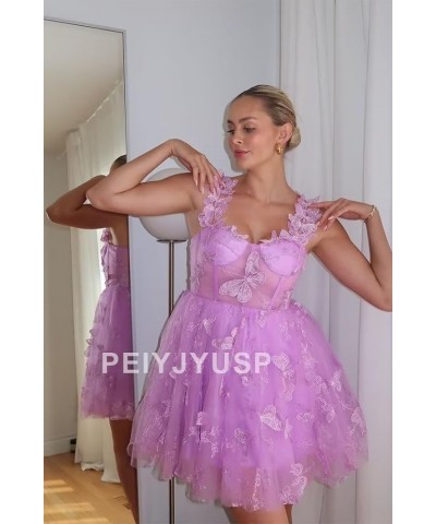 Womens Tulle Short Prom Dress 3D Butterflies Homecoming Dresses Lace Appliques Spaghetti Strap Cocktail Party Gowns Lilac $36...