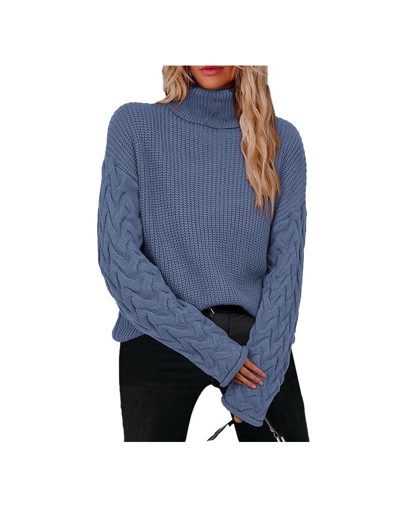 Cable Knit Sweater Women Long Sleeve Turtleneck Fall Sweater Solid Color Cute Pullover Womens Fall Fashion 2024 Solid Grey Bl...