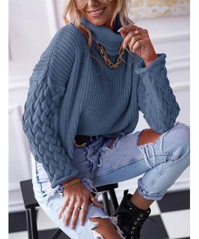 Cable Knit Sweater Women Long Sleeve Turtleneck Fall Sweater Solid Color Cute Pullover Womens Fall Fashion 2024 Solid Grey Bl...