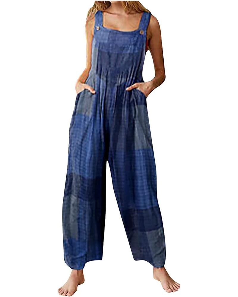 Womens Jumpsuits Loose Jumpsuits for Women Vintage Button Sleeveless Overalls Wide Leg Jumpsuit Overalls with Pockets 03-blue...