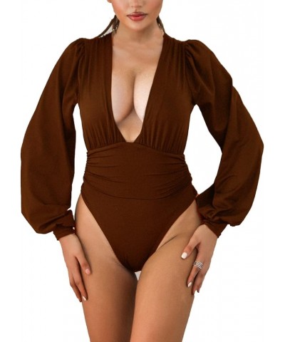 Women Jumpsuits Long Sleeve V Neck Pleated Loose Bodysuits Tops For Women Leotard Shirts Coffee(1) $18.96 Bodysuits