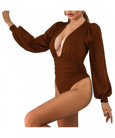 Women Jumpsuits Long Sleeve V Neck Pleated Loose Bodysuits Tops For Women Leotard Shirts Coffee(1) $18.96 Bodysuits