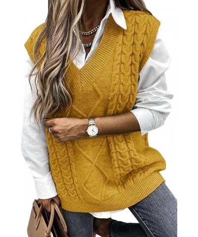 Women Cable Knit Oversize Sweater Vest V Neck Sleeveless Vintage Loose Sweaters Tops 2- Yellow $17.66 Sweaters