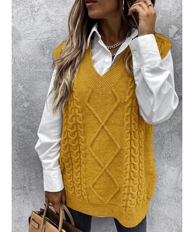 Women Cable Knit Oversize Sweater Vest V Neck Sleeveless Vintage Loose Sweaters Tops 2- Yellow $17.66 Sweaters