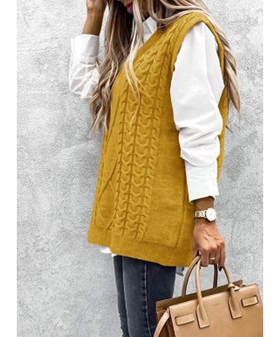 Women Cable Knit Oversize Sweater Vest V Neck Sleeveless Vintage Loose Sweaters Tops 2- Yellow $17.66 Sweaters