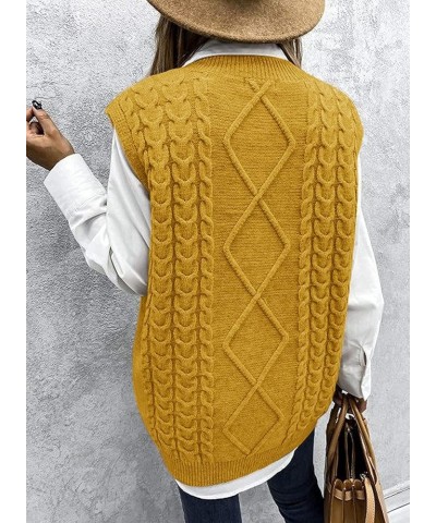 Women Cable Knit Oversize Sweater Vest V Neck Sleeveless Vintage Loose Sweaters Tops 2- Yellow $17.66 Sweaters