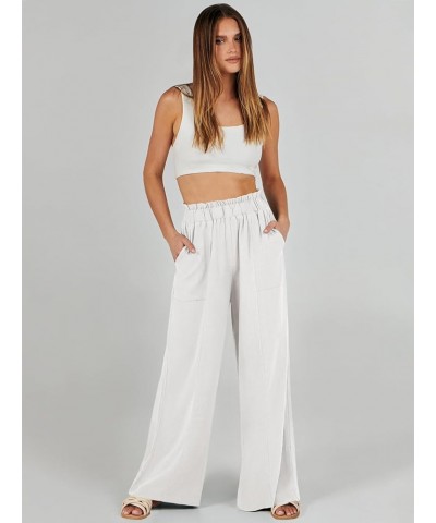 Women's Linen Palazzo Pants Summer Casual Loose High Waist Wide Leg Pant Lounge Beach Trousers with Pocket Withe $19.20 Pants