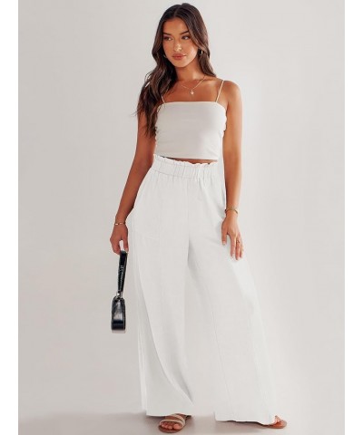 Women's Linen Palazzo Pants Summer Casual Loose High Waist Wide Leg Pant Lounge Beach Trousers with Pocket Withe $19.20 Pants