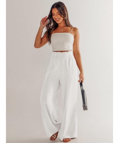 Women's Linen Palazzo Pants Summer Casual Loose High Waist Wide Leg Pant Lounge Beach Trousers with Pocket Withe $19.20 Pants