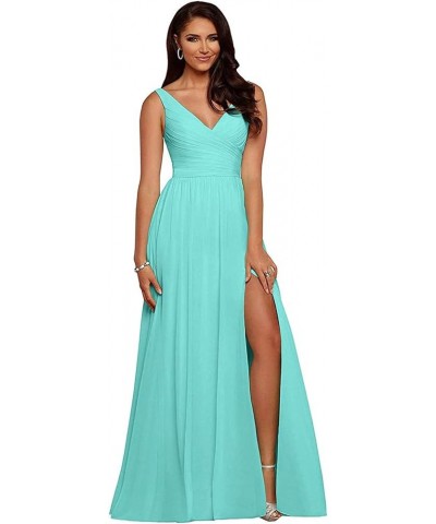 Bridesmaid Dresses Long Chiffon Wedding Guest Dress Pleated V Neck High Slit Backless Prom Formal Gown COO2 Turquoise $29.31 ...