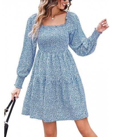 Women's Ditsy Floral Dress Smocked Puff Long Sleeve Square Neck Casual Dresses Blue $10.61 Dresses