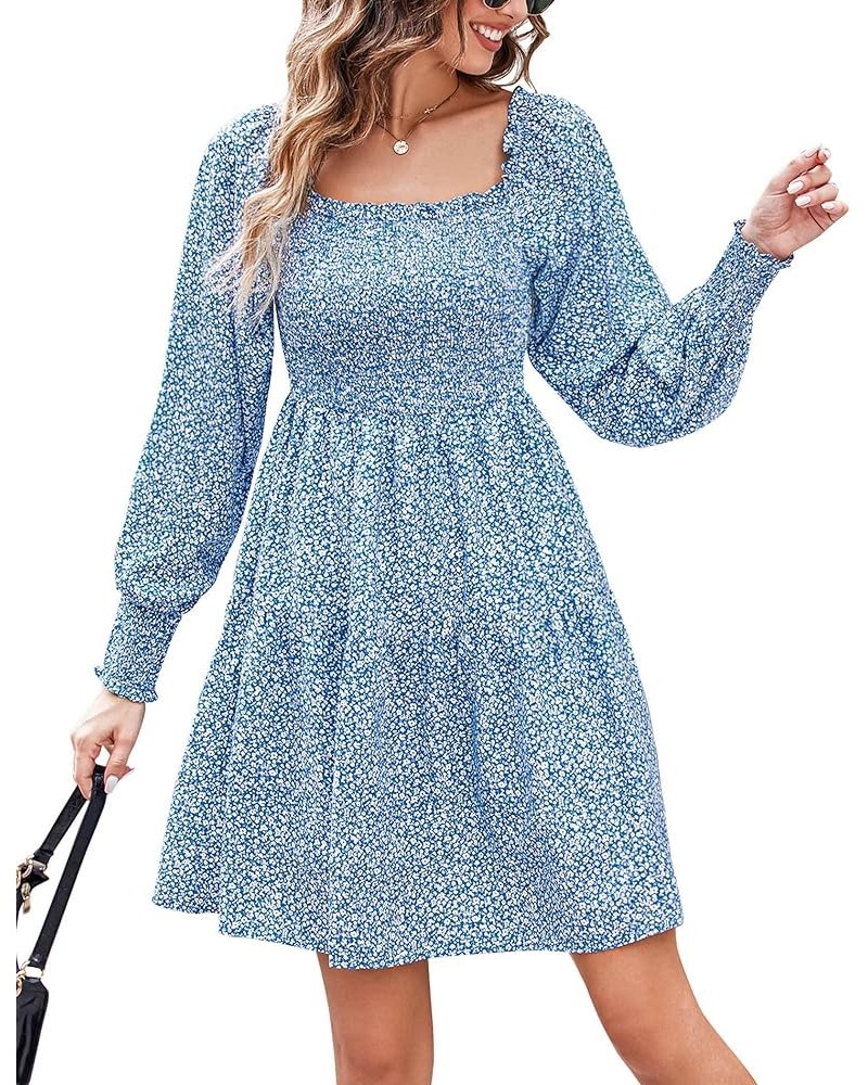 Women's Ditsy Floral Dress Smocked Puff Long Sleeve Square Neck Casual Dresses Blue $10.61 Dresses