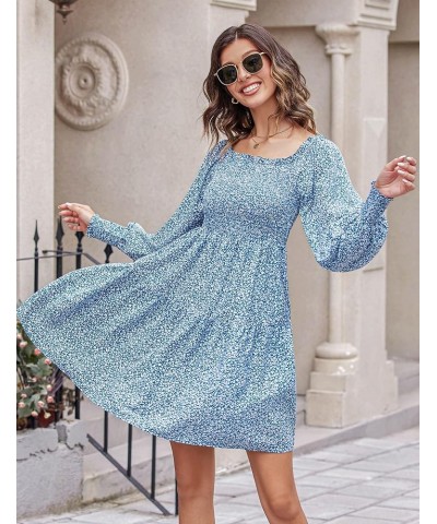 Women's Ditsy Floral Dress Smocked Puff Long Sleeve Square Neck Casual Dresses Blue $10.61 Dresses