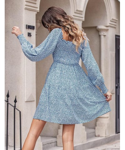 Women's Ditsy Floral Dress Smocked Puff Long Sleeve Square Neck Casual Dresses Blue $10.61 Dresses