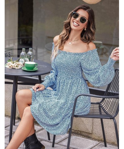 Women's Ditsy Floral Dress Smocked Puff Long Sleeve Square Neck Casual Dresses Blue $10.61 Dresses