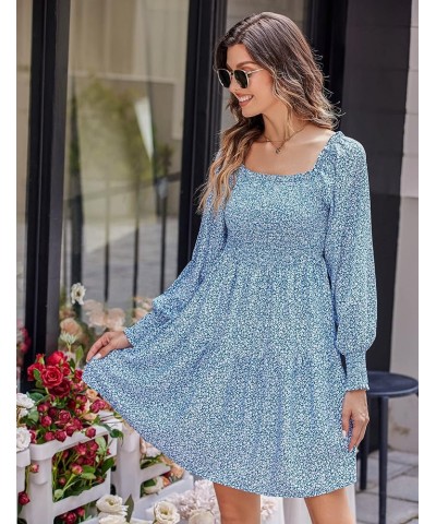 Women's Ditsy Floral Dress Smocked Puff Long Sleeve Square Neck Casual Dresses Blue $10.61 Dresses