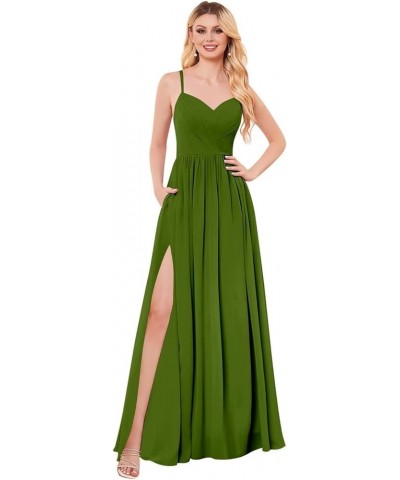 Spaghetti Strap Chiffon Bridesmaid Dresses Long Slit V-Neck Backless A-Line Formal Evening Gown Olive Green $32.39 Dresses