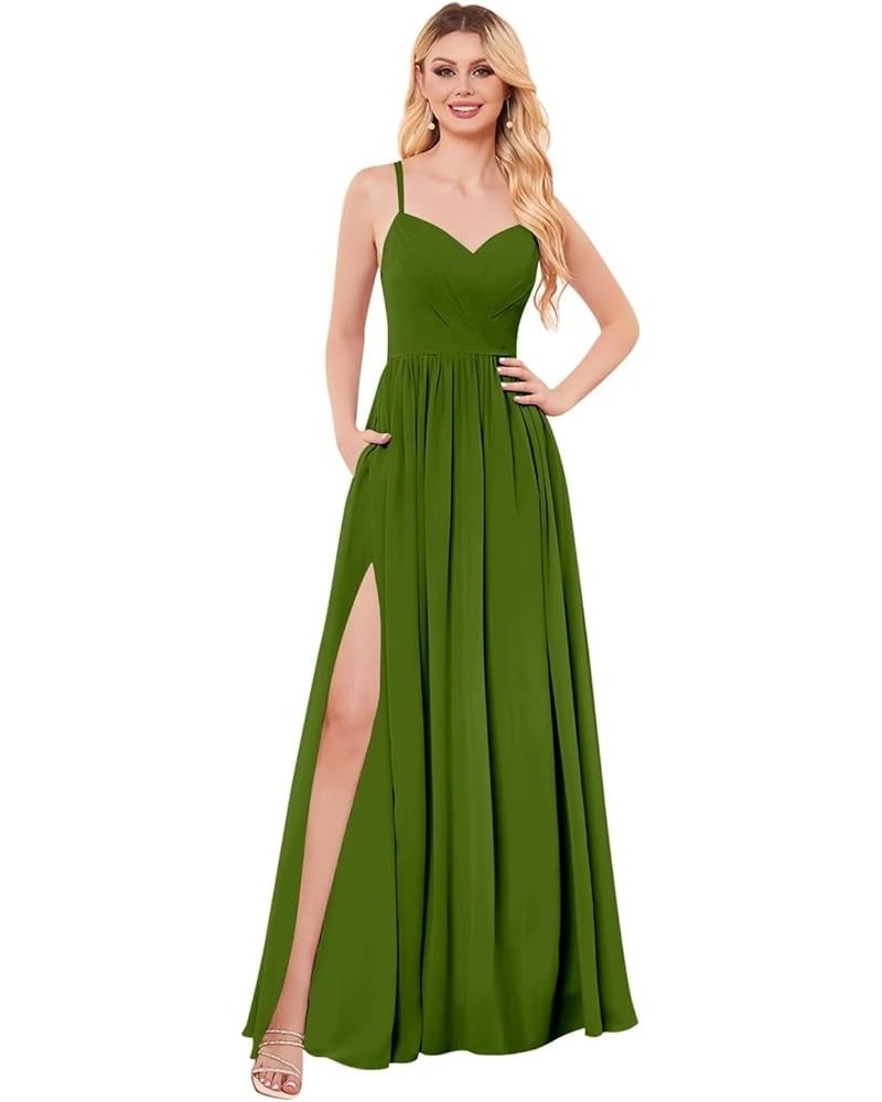 Spaghetti Strap Chiffon Bridesmaid Dresses Long Slit V-Neck Backless A-Line Formal Evening Gown Olive Green $32.39 Dresses