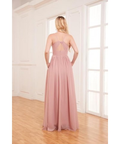 Spaghetti Strap Chiffon Bridesmaid Dresses Long Slit V-Neck Backless A-Line Formal Evening Gown Olive Green $32.39 Dresses