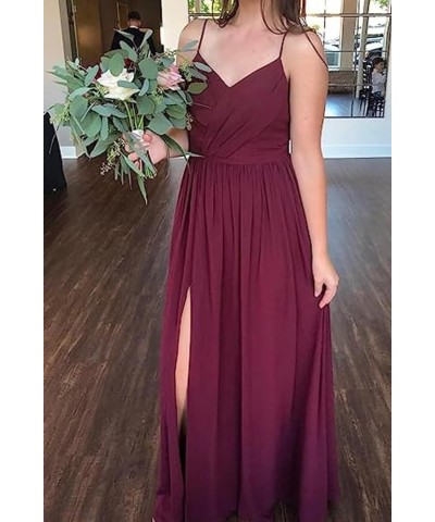 Spaghetti Strap Chiffon Bridesmaid Dresses Long Slit V-Neck Backless A-Line Formal Evening Gown Olive Green $32.39 Dresses