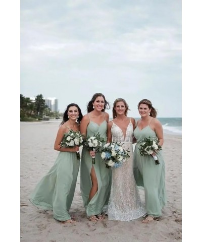 Spaghetti Strap Chiffon Bridesmaid Dresses Long Slit V-Neck Backless A-Line Formal Evening Gown Olive Green $32.39 Dresses