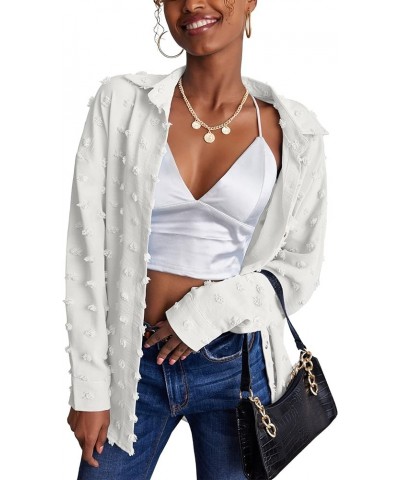 Women Long Sleeve Shirt Chiffon Button Down Blouses Swiss Dot Pom Tops Oversize Boyfriend Shirts with Pocket S-XXL White $14....