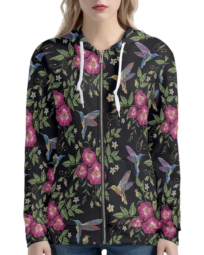 Women Zip Up Hoodies Casual Oversized Long Sleeve Jacket Loose Drawstring Sweatshirt with Pockets Hummingbird Floral $16.37 H...