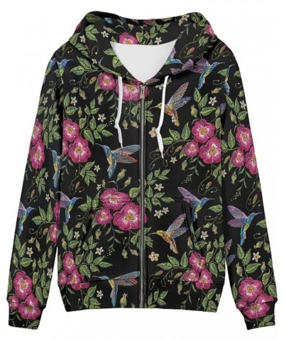 Women Zip Up Hoodies Casual Oversized Long Sleeve Jacket Loose Drawstring Sweatshirt with Pockets Hummingbird Floral $16.37 H...